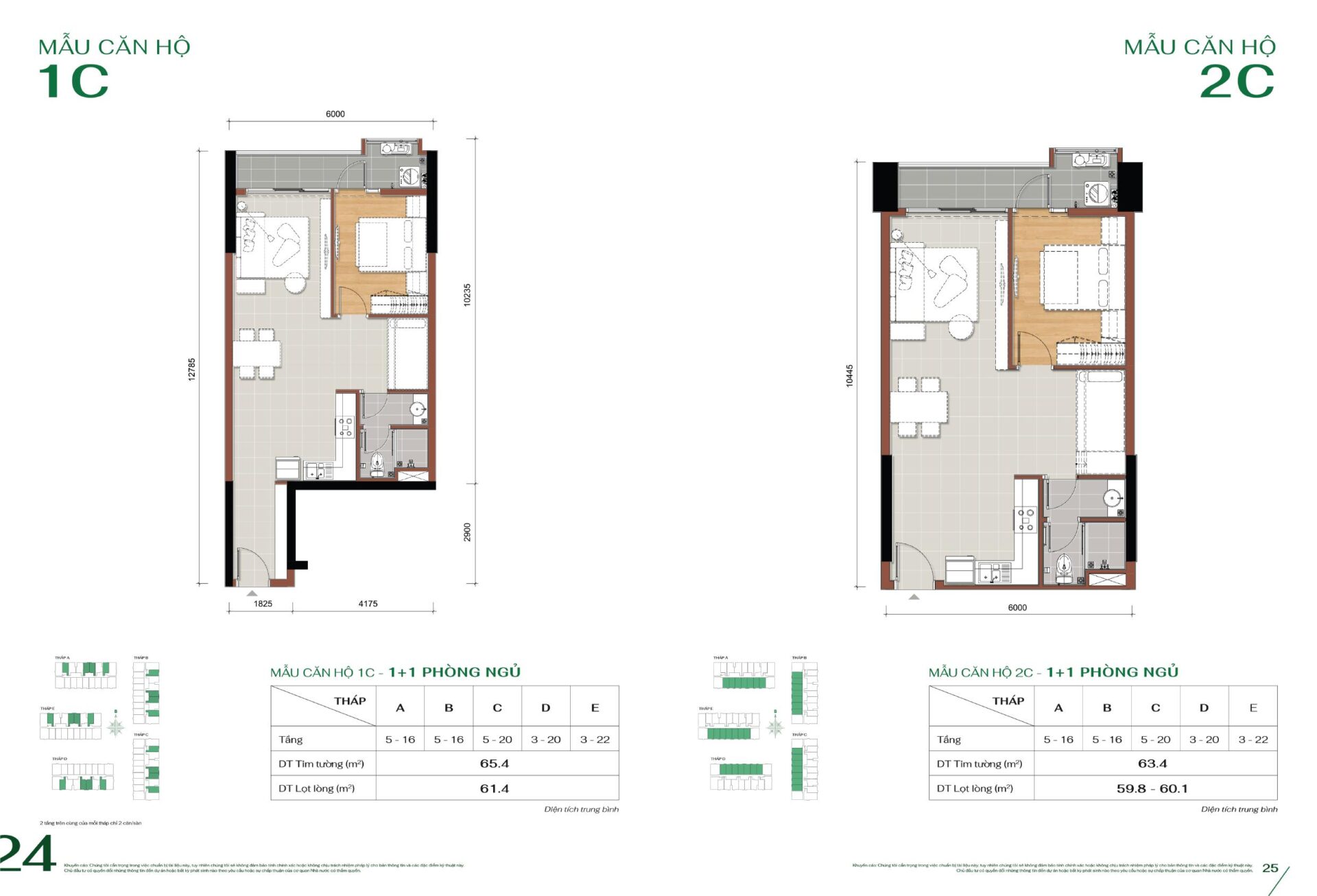 Thiết kế chi tiết căn hộ 1PN + diện tích 61m2 và 65m2 dự án MT Eastmark City Quận 9