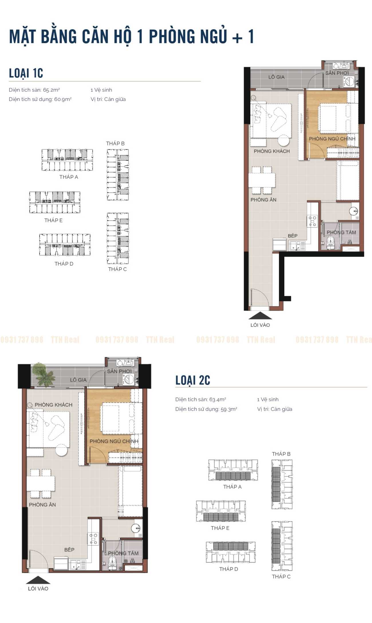 Thiết kế chi tiết căn hộ 1PN + diện tích 61m2 và 65m2 dự án MT Eastmark City Quận 9
