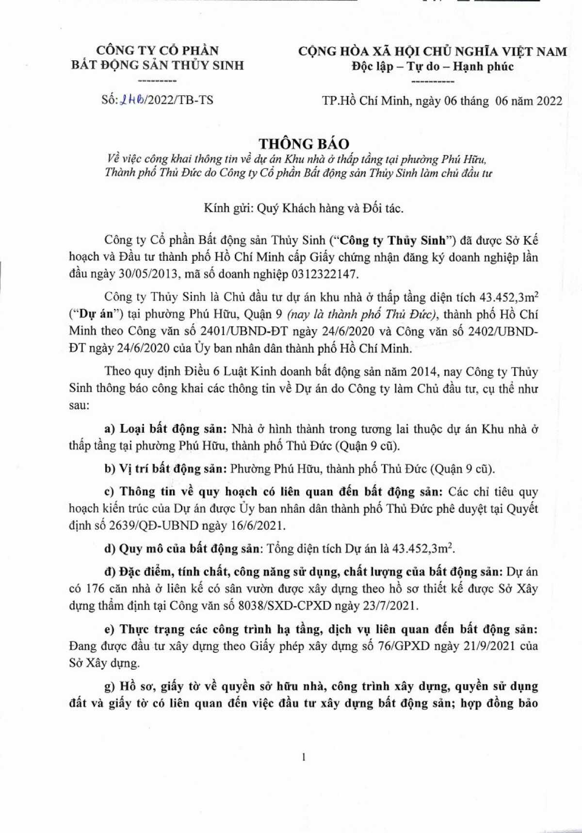 Pháp lý dự án The Classia aKhang Điền