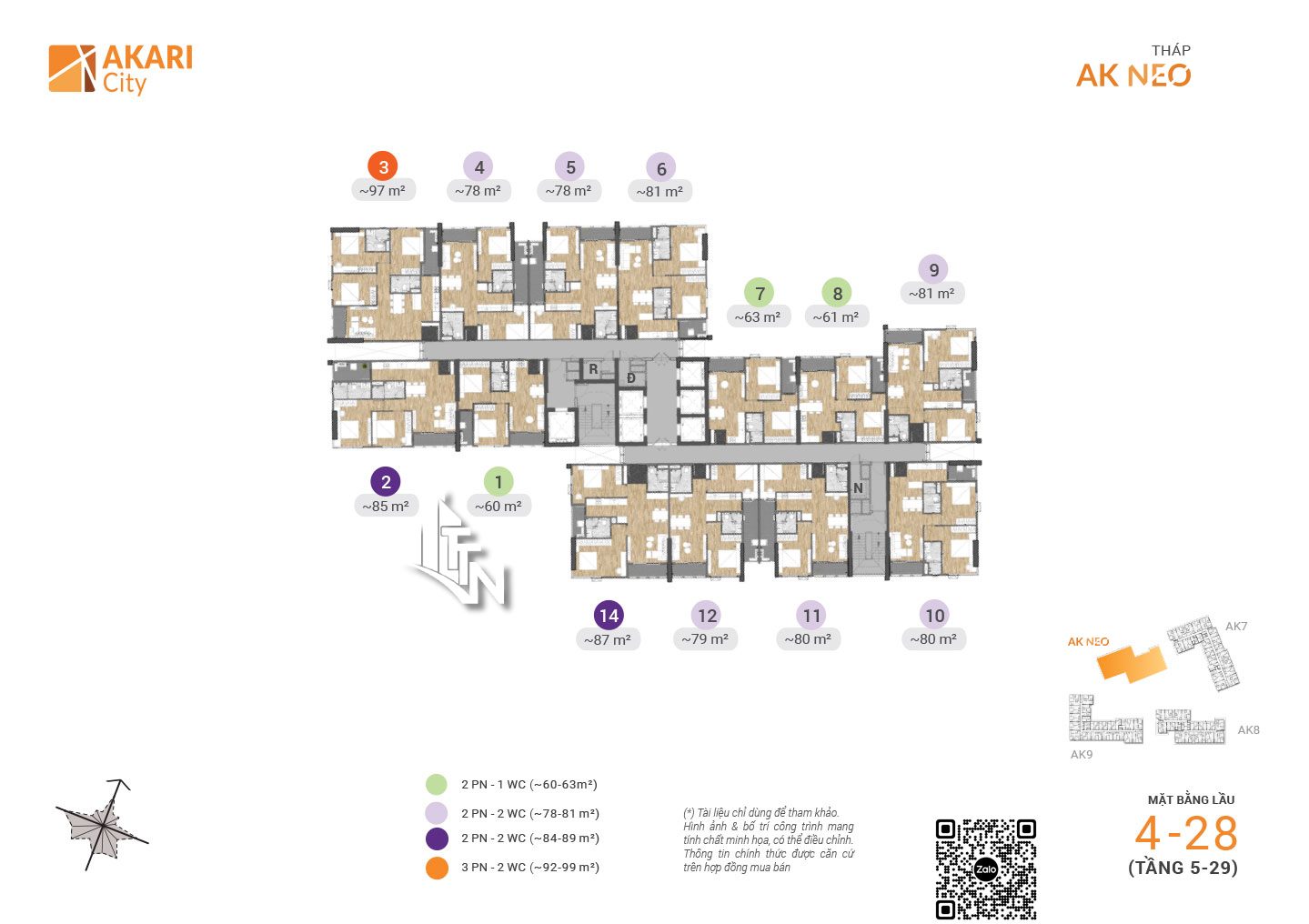 Mặt bằng chi tiết căn hộ TẦNG 5 đến 29 Block AK10 dự án khu đô thị dự án Akari City Nam Long