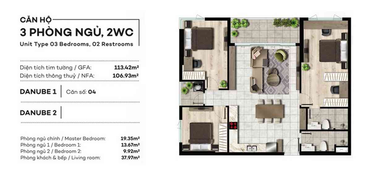 Thiết kế chi tiết căn hộ 3 phòng ngủ diện tích 113m2 dự án West Gate An Gia Bình Chánh