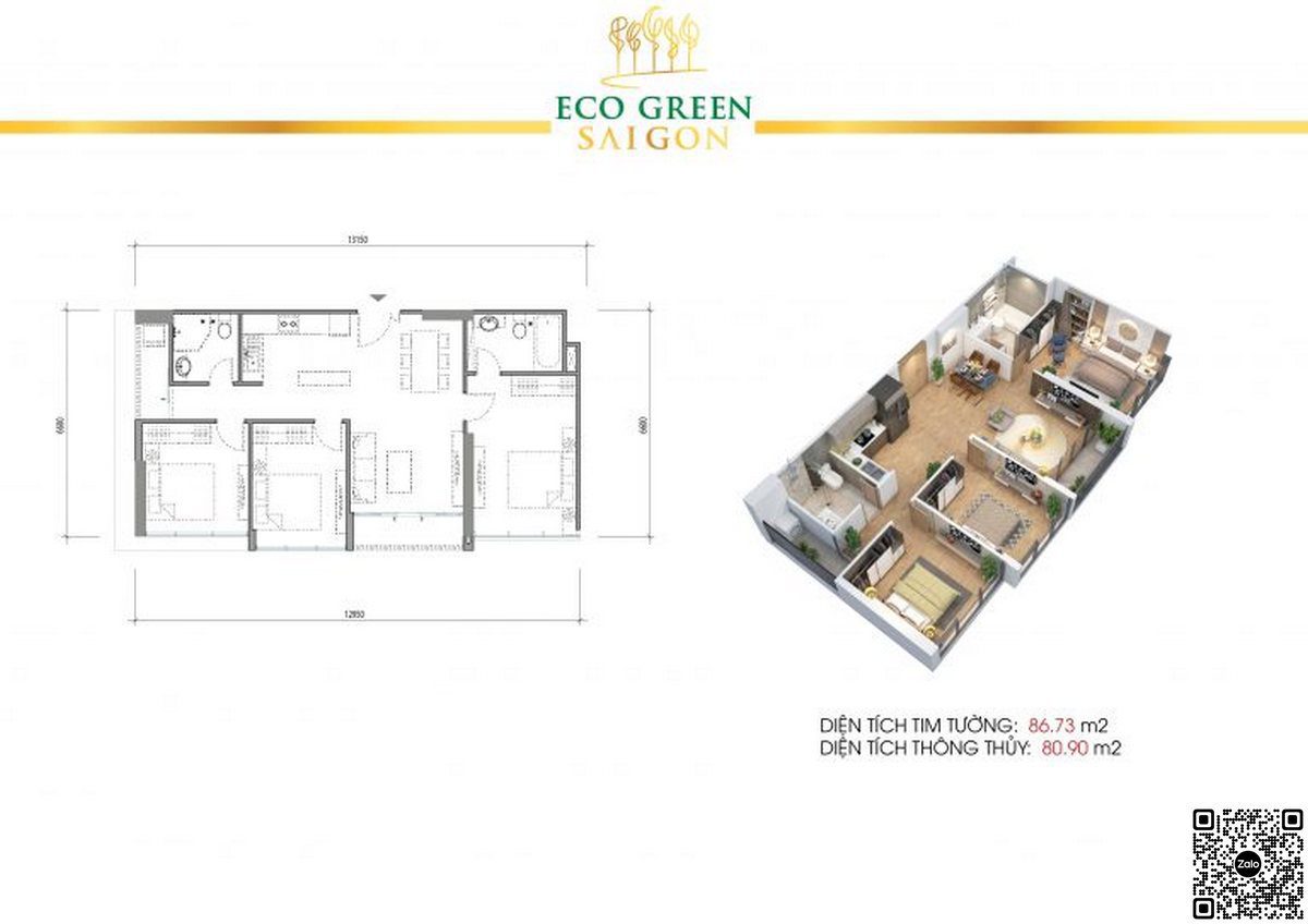 Thiết kế chi tiết căn hộ 2 phòng ngủ diện tích 65m2 dự án Eco Green Sài Gòn Quận 7