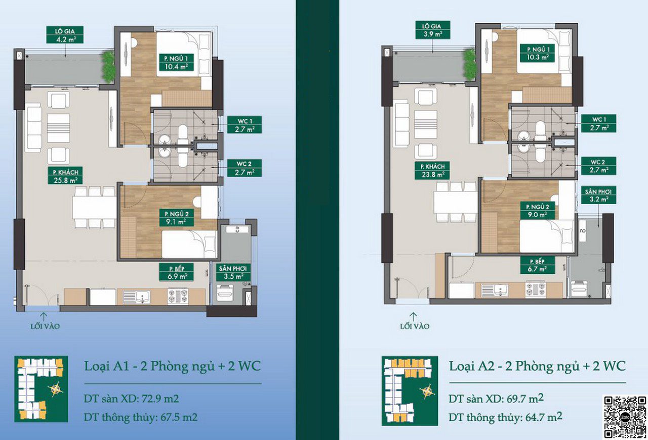 Thiết kế căn hộ A1 72 m2, Thiết kế căn hộ A2 69 m2 Phú Đông Sky Garden