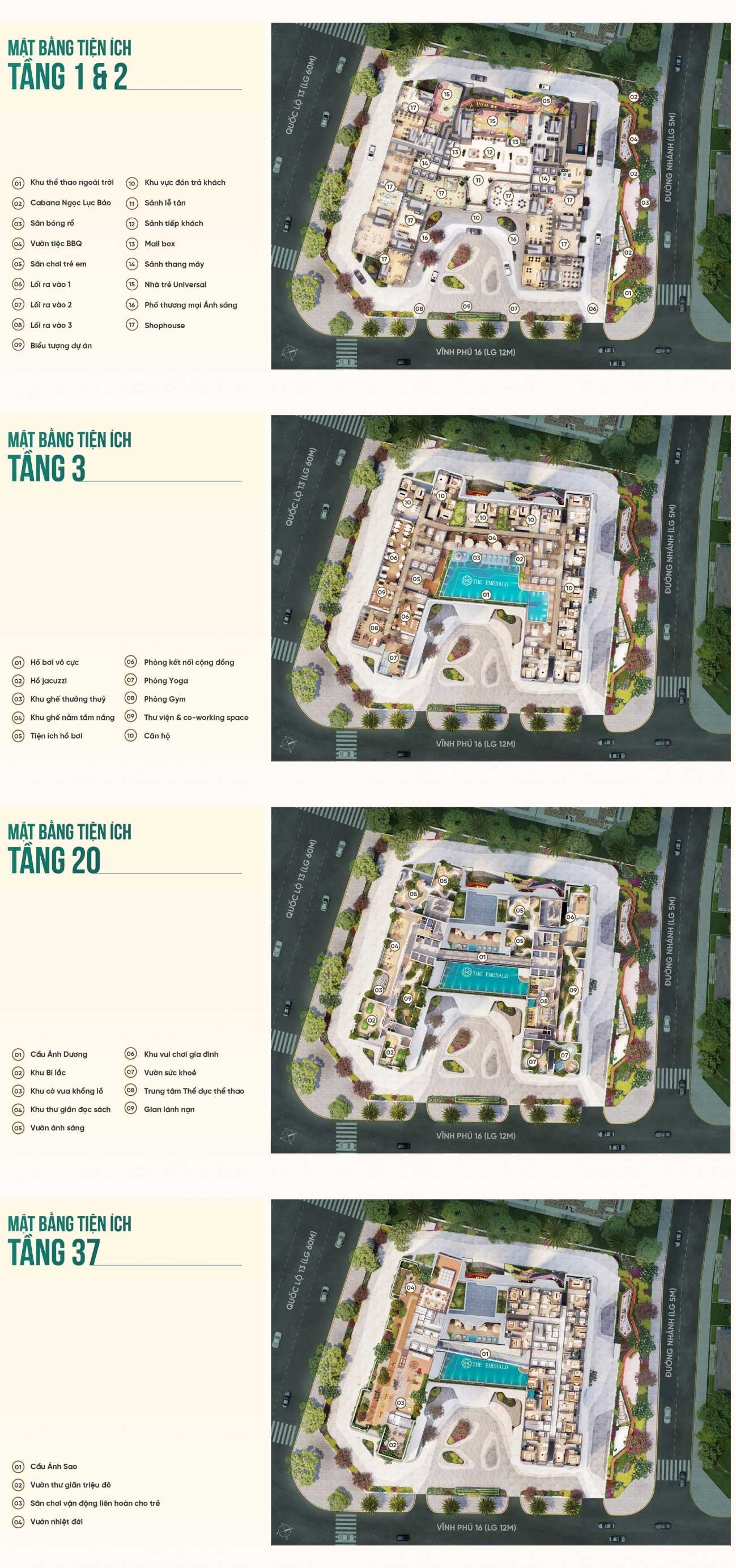 Mặt bằng chi tiết các tầng tiện ích dự án cao cấp The Emerald 68 Thuận An, Bình Dương