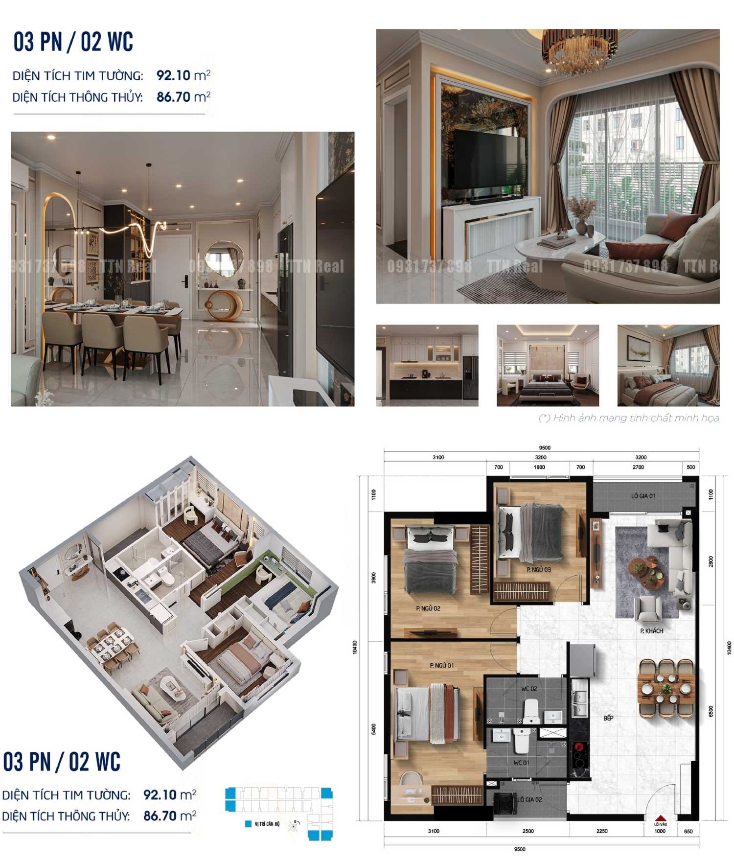 Mẫu thiết kế Layout căn hộ 3 phòng ngủ diện tích 92m2 dự án Symlife Thuận An