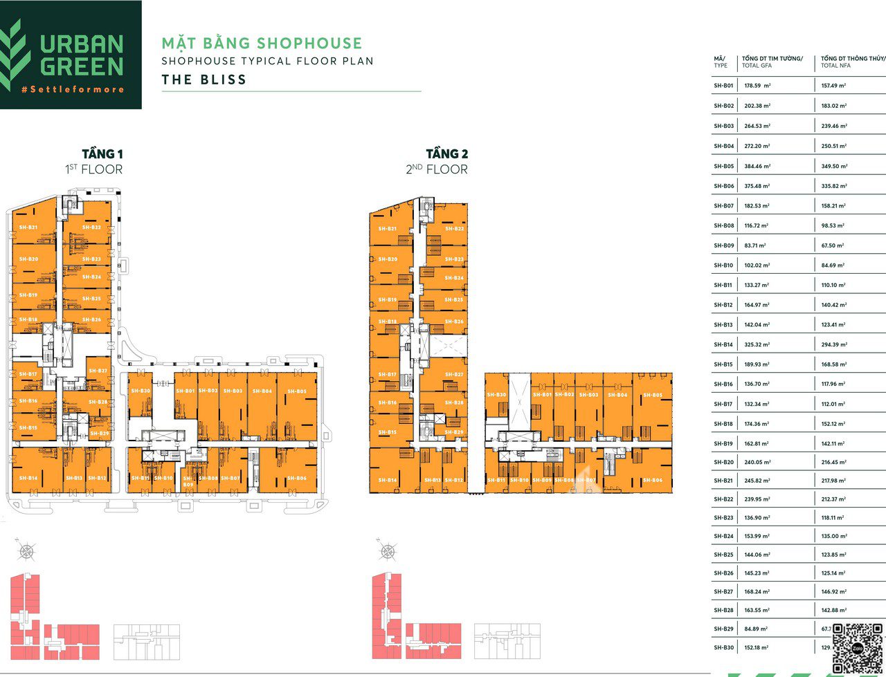 Mặt bằng chi tiết Shophouse 2 tầng Tháp The Bliss (B) dự án Urban Green Thủ Đức. Giá 80 đến 90 triệu/m2