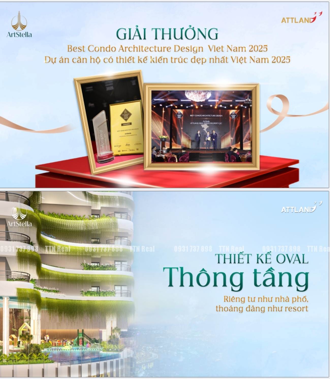 ArtStella ArtStella là dấu ấn nổi bật trên hành trình định hình giá trị kiến trúc bền vững đã đạt được “Giải thưởng Best Condo Architecture Design Vietnam 2025 do Dot Property Vietnam Awards trao tặng không chỉ là sự ghi nhận cho giá trị kiến trúc nổi bật của ArtStella, mà còn là minh chứng rõ nét cho uy tín thương hiệu và tầm nhìn phát triển bền vững mà ATTLand theo đuổi suốt hành trình kiến tạo đô thị.”