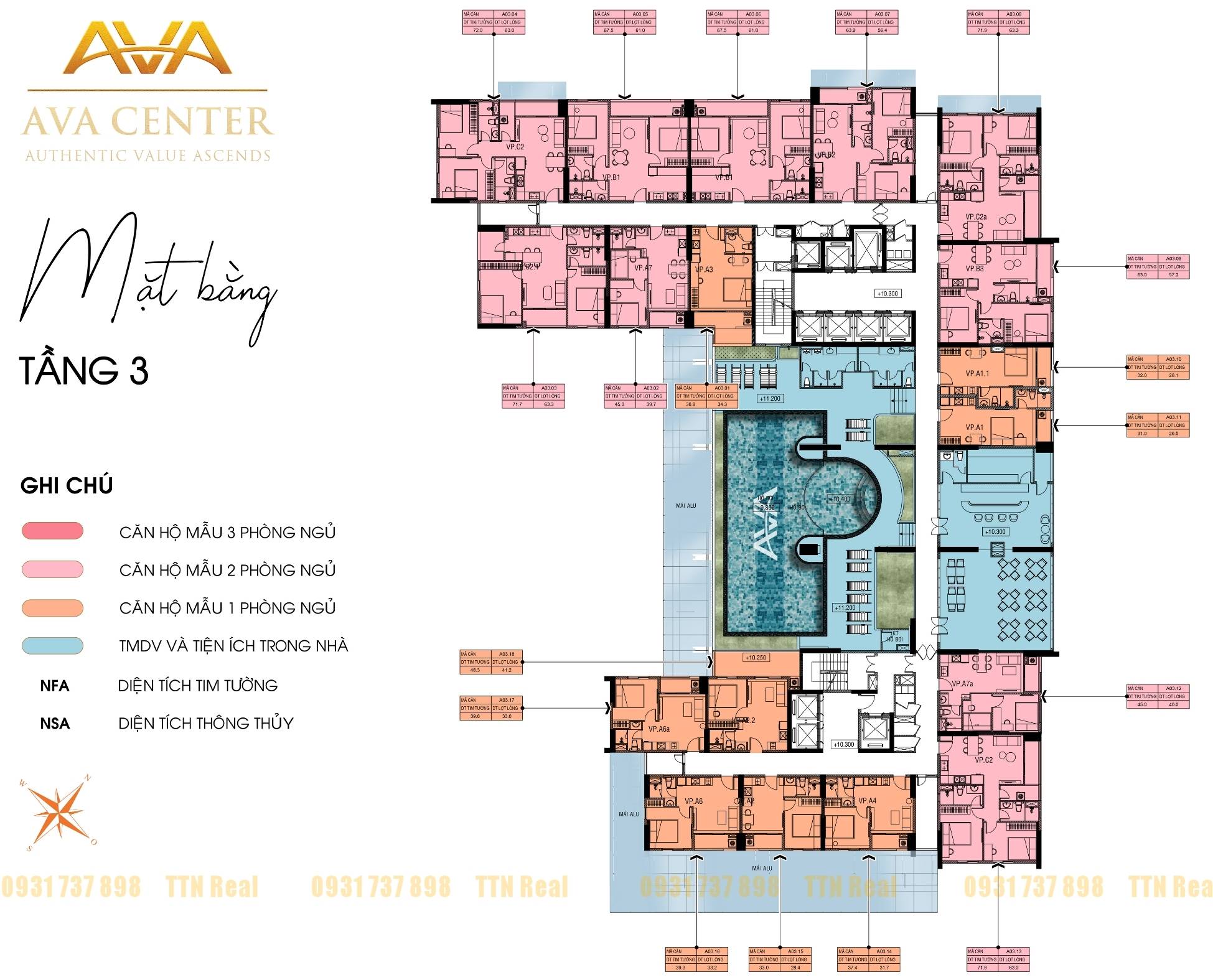 Mặt bằng điển hình Tầng 3 dự án chung cư căn hộ AVa Center
