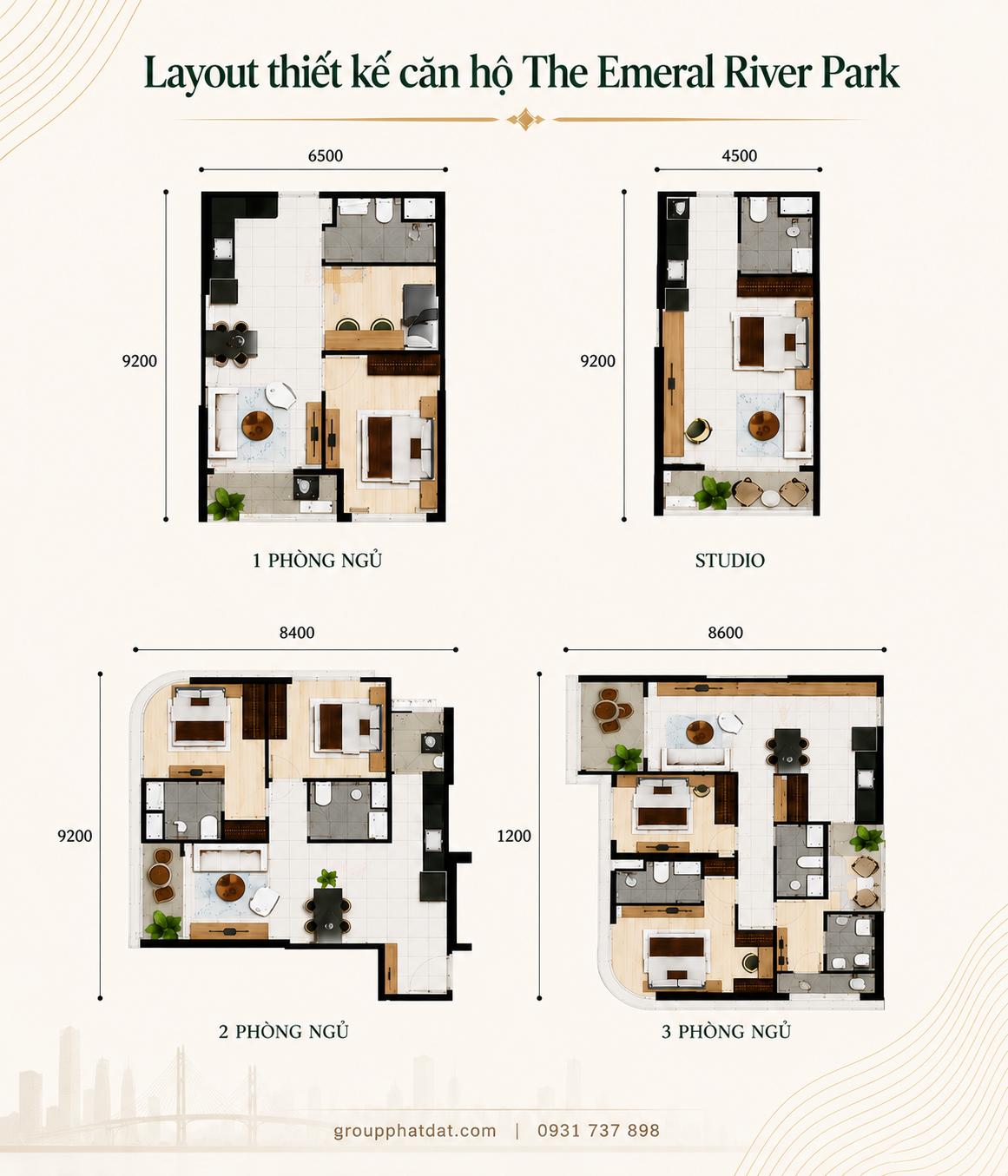 Layout thiết kế các loại căn hộ The Emerald River Park