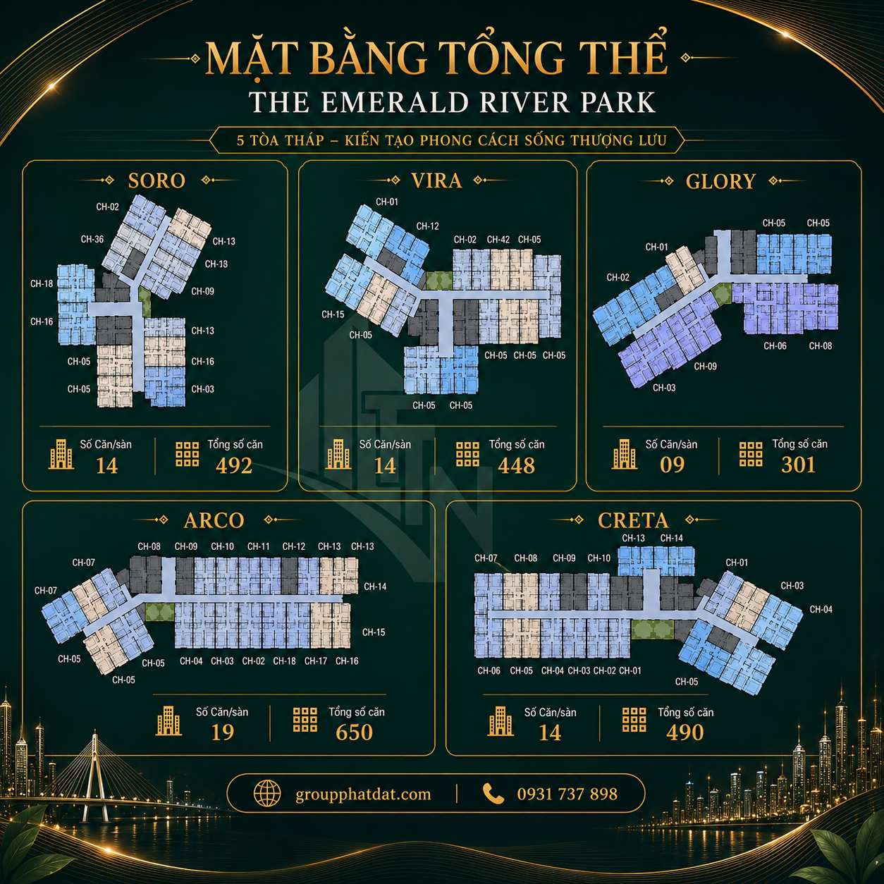 Mặt bằng tổng thể 3 tháp dự án The Emerald River Park