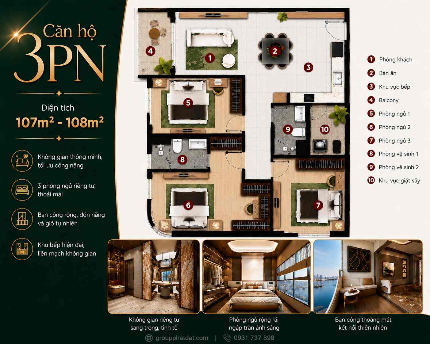 Layout căn hộ 3 phòng ngủ The Emerald River Park