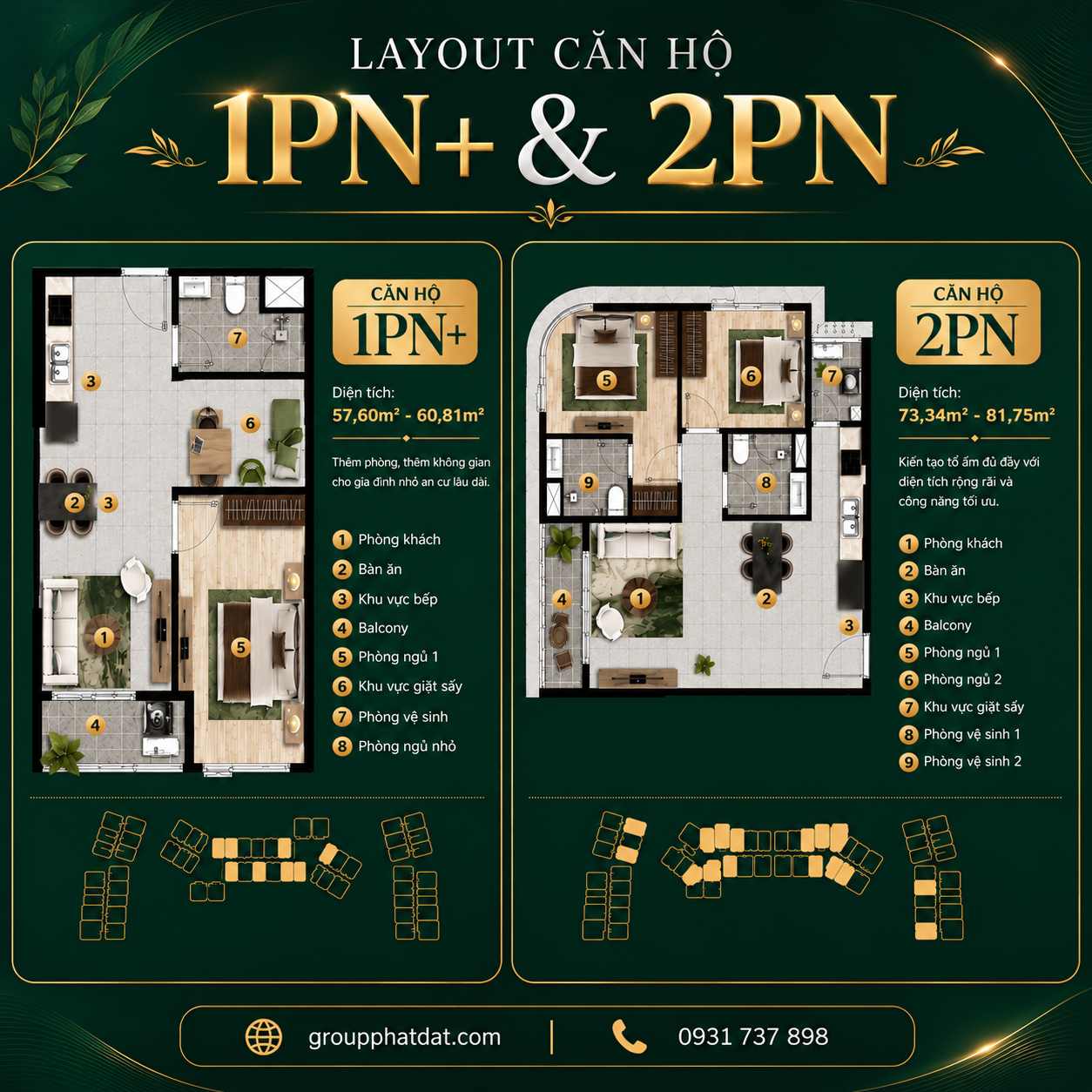 Layout thiết kế căn hộ 1PN+ và 2PN dự án The Emerald River Park