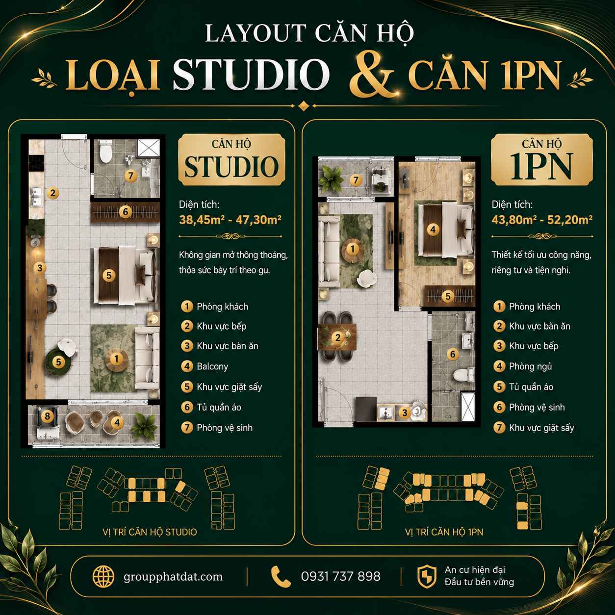 Layout căn hộ Studio và 1 phòng ngủ The Emerald River Park