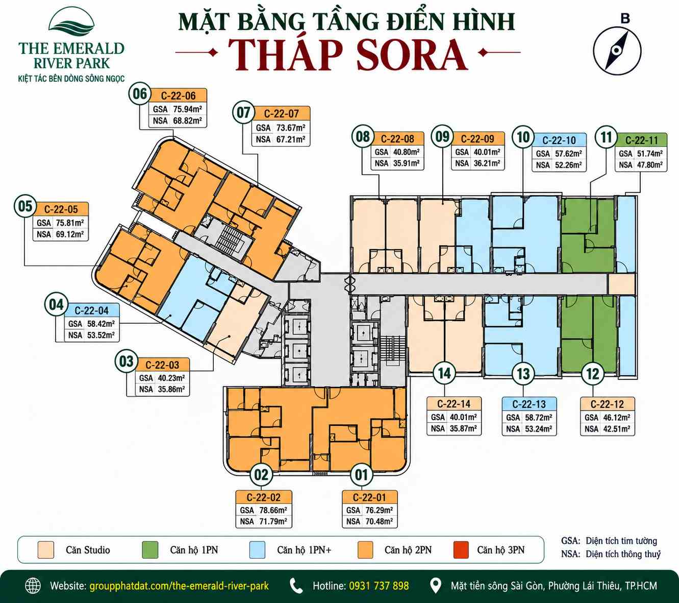 Mặt bằng tầng điển hình Tháp Sora The Emerald River Park