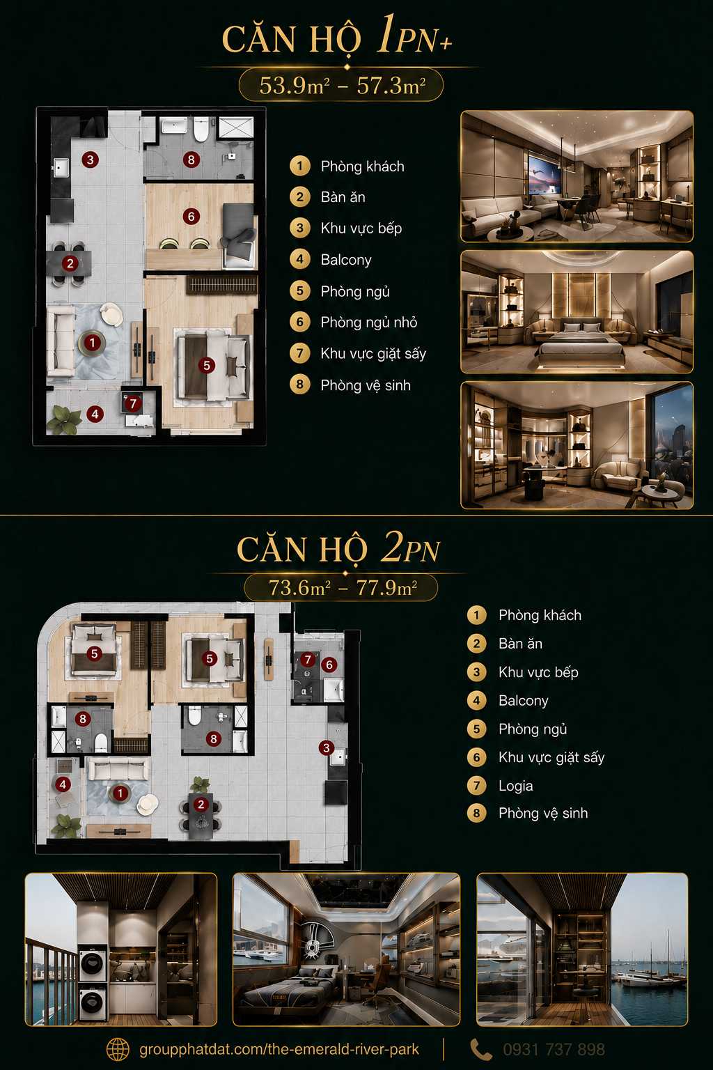 Layout thiết kế căn hộ 1PN+ và 2PN dự án The Emerald River Park