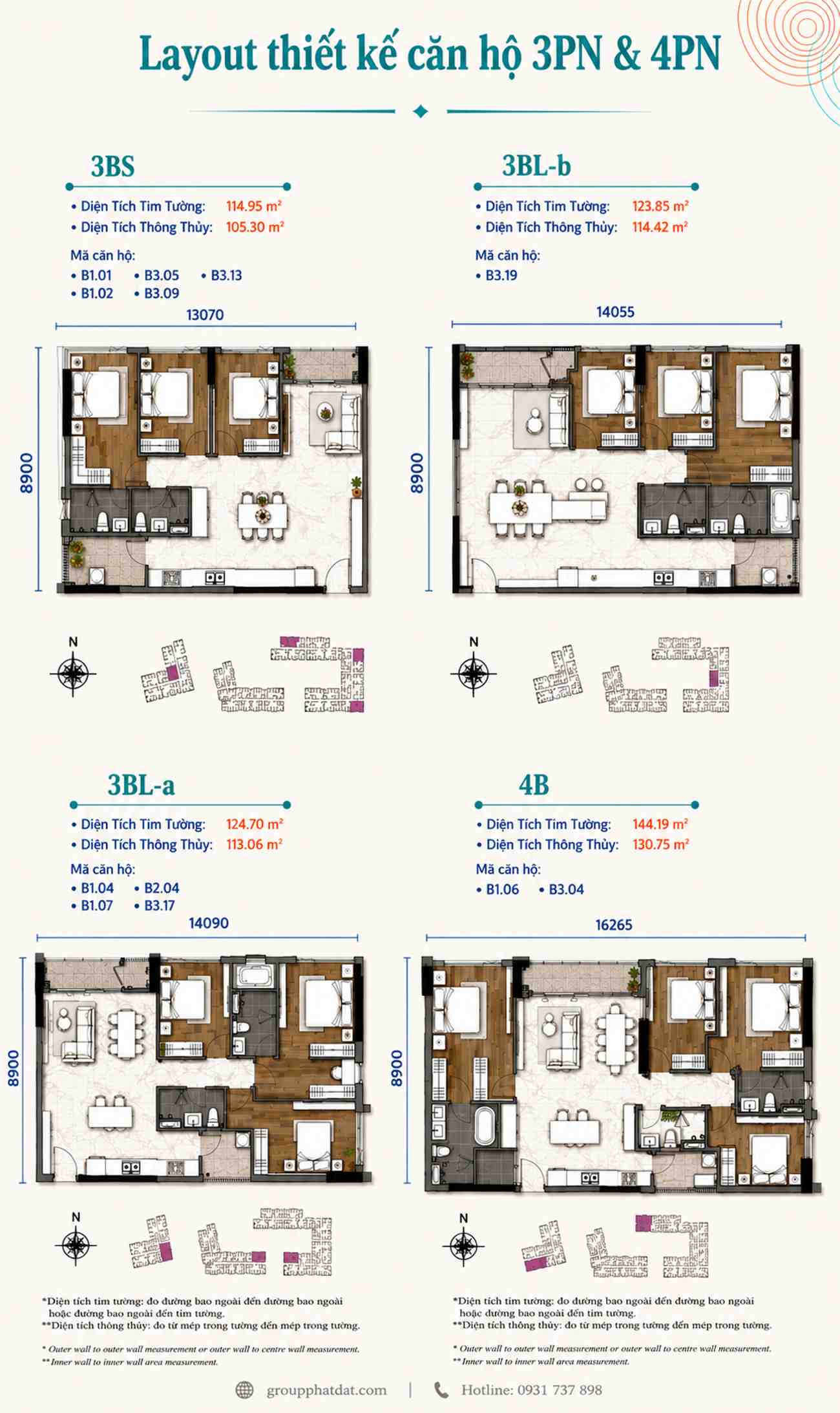 Layout mẫu thiết kế căn hộ 3 phòng ngủ và 4 phòng ngủ Gladia Heights