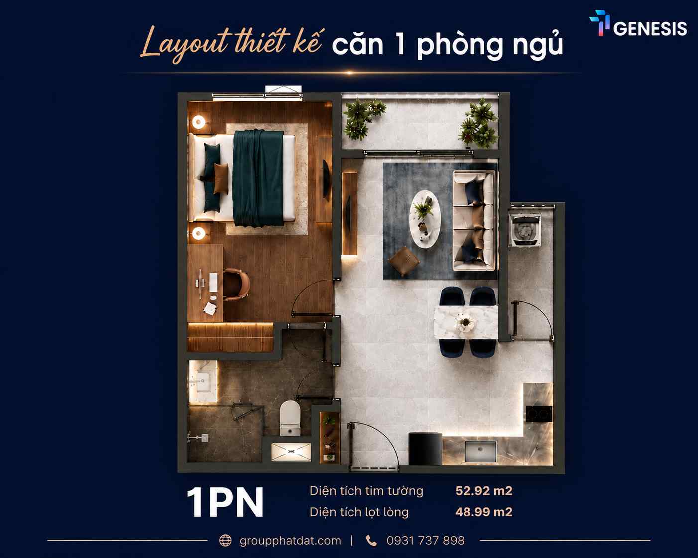Layout thiết kế căn hộ 1 phòng ngủ dự án TT Genesis Nhà Bè