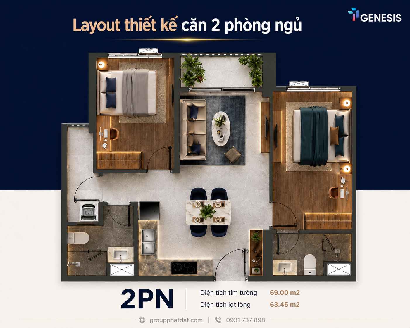 Layout thiết kế căn hộ 2 phòng ngủ dự án TT Genesis Nhà Bè