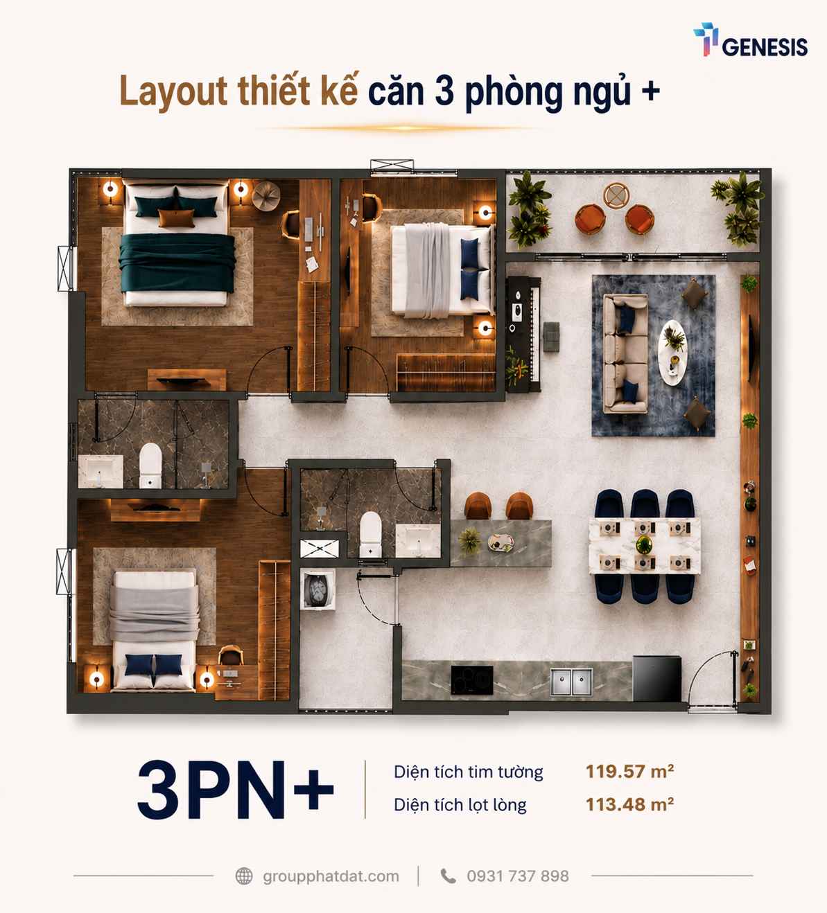 Layout thiết kế căn hộ 3 phòng ngủ+ dự án TT Genesis Nhà Bè