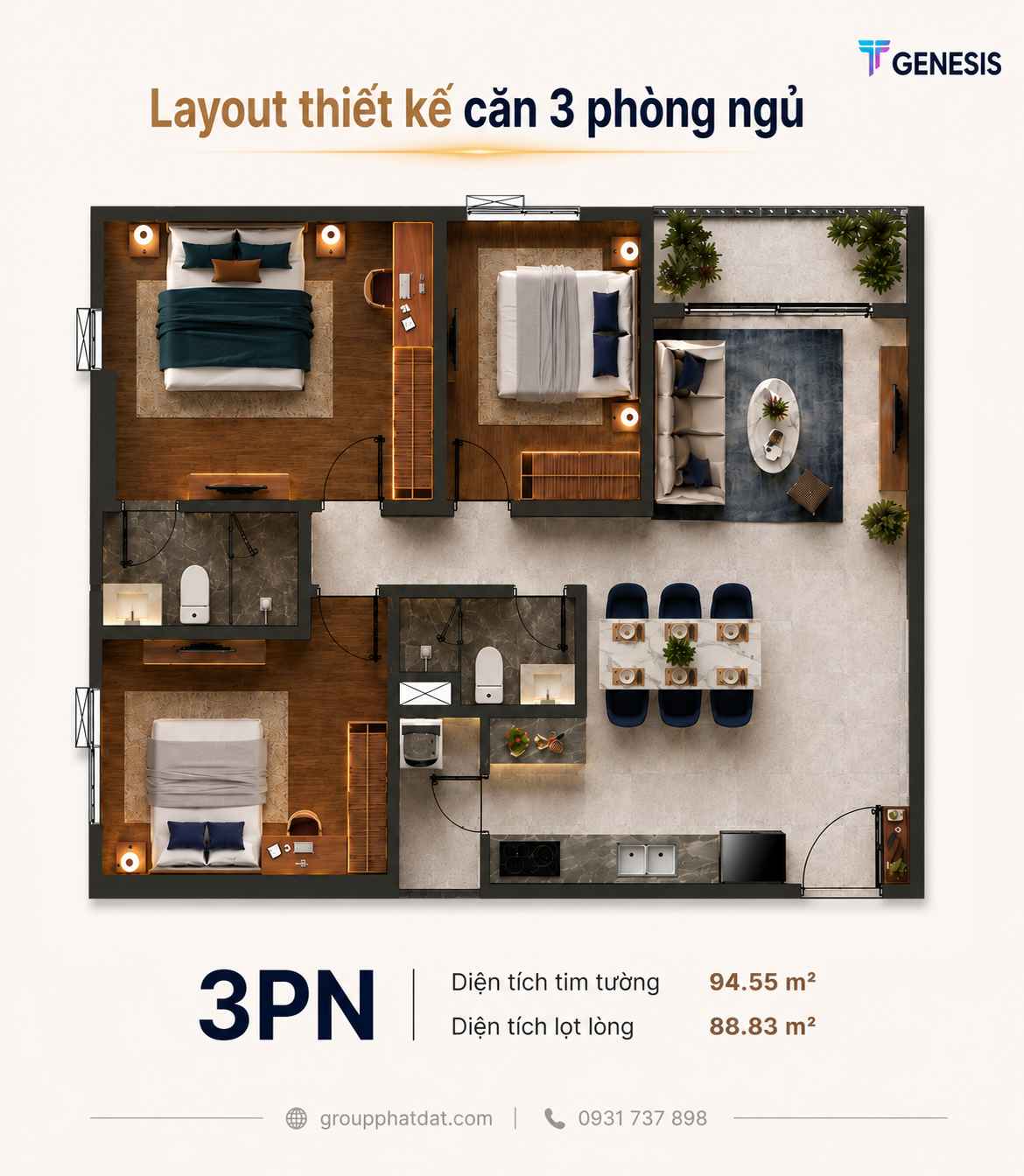 Layout thiết kế căn hộ 3 phòng ngủ dự án TT Genesis Nhà Bè