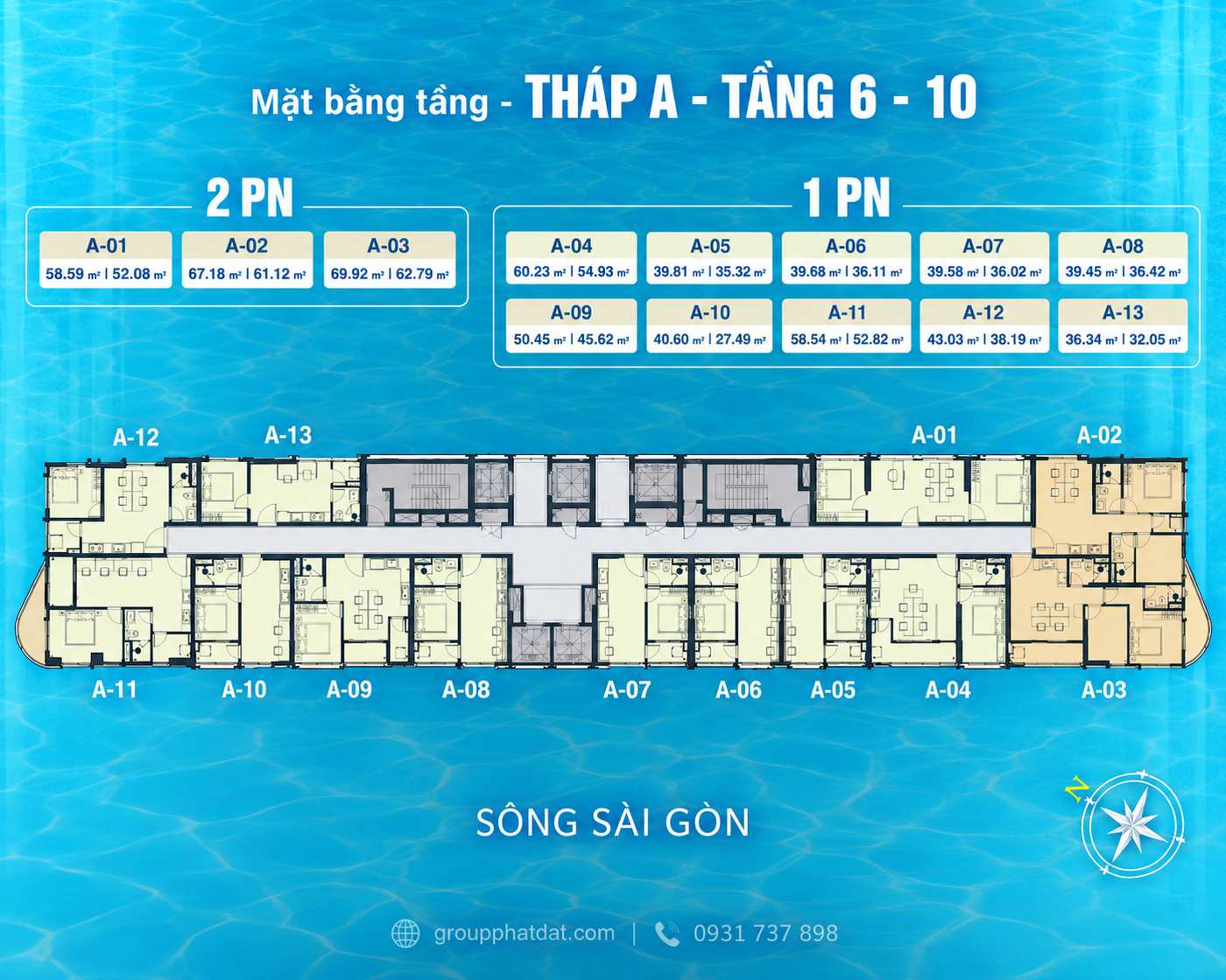 Mặt bằng điển hình Tháp A tầng 6 đến tầng 10 dự án Serena Riverside