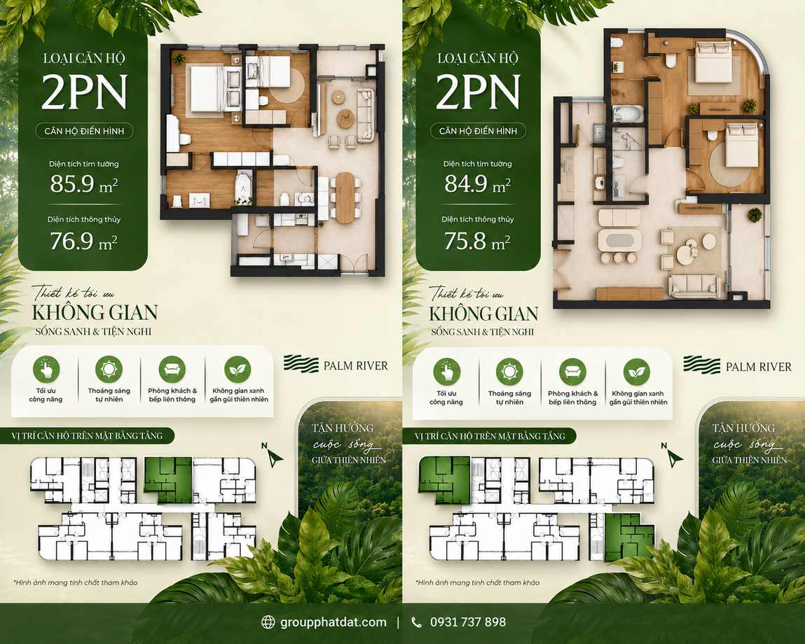 Layout thiết kế căn hộ 2 phòng ngủ dự án Palm River