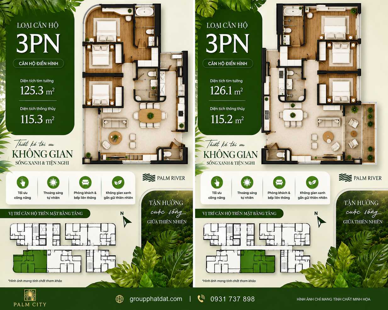 Layout thiết kế căn 3 phòng ngủ dự án Palm River